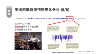 美國選舉新聞情感變化分析 (5/5)
64
情
感
(Wanner et al., 2009)
2008年11月7日
佩林競選時買了昂貴衣櫃，
並與批評者起爭執
 