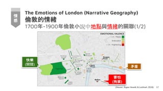The Emotions of London (Narrative Geography)
倫敦的情緒
1700年-1900年倫敦小說中地點與情緒的關聯(1/2)
67
情
感
(Heuser, Algee-Hewitt, & Lockhart, 2016)
快樂
(開闊)
矛盾
害怕
(拘禁)
 