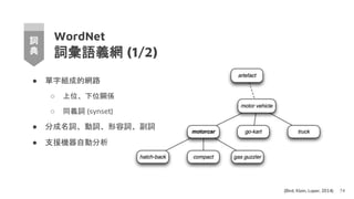 WordNet
詞彙語義網 (1/2)
● 單字組成的網路
○ 上位、下位關係
○ 同義詞 (synset)
● 分成名詞、動詞、形容詞、副詞
● 支援機器自動分析
74
詞
典
(Bird, Klein, Loper, 2014)
 
