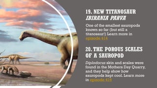 19. NEW TITANOSAUR
IBIRANIA PARVA
One of the smallest sauropods
known so far (but still a
titanosaur!) Learn more in
episode 414
Image by Brnonavarro, via Wikimedia Commons
20.THE POROUS SCALES
OF A SAUROPOD
Diplodocus skin and scales were
found in the Mothers Day Quarry,
and they help show how
sauropods kept cool. Learn more
in episode 416
 