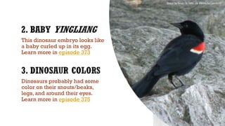 This dinosaur embryo looks like
a baby curled up in its egg.
Learn more in episode 373
Image by James St. John, via Wikimedia Commons
Dinosaurs probably had some
color on their snouts/beaks,
legs, and around their eyes.
Learn more in episode 375
 