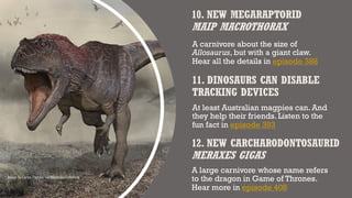 10. NEW MEGARAPTORID
MAIP MACROTHORAX
A carnivore about the size of
Allosaurus, but with a giant claw.
Hear all the details in episode 388
11. DINOSAURS CAN DISABLE
TRACKING DEVICES
At least Australian magpies can. And
they help their friends. Listen to the
fun fact in episode 393
12. NEW CARCHARODONTOSAURID
MERAXES GIGAS
A large carnivore whose name refers
to the dragon in Game of Thrones.
Hear more in episode 408
Image by Carlos Papolio, via Wikimedia Commons
 