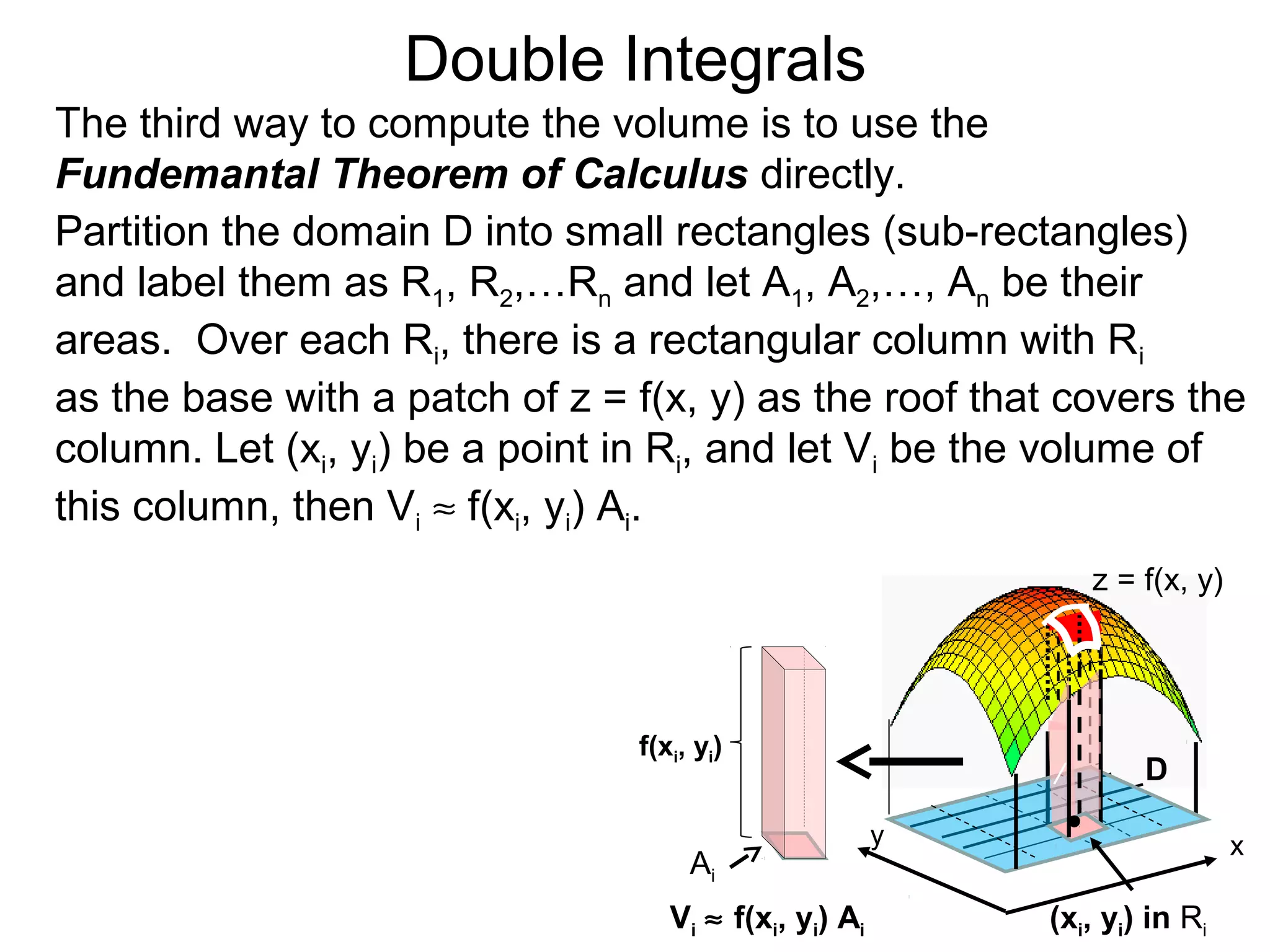 Double Integrals
y
z = f(x, y)
D
(xi, yi) in Ri
The third way to compute the volume is to use the
Fundemantal Theorem of Calculus directly.
Partition the domain D into small rectangles (sub-rectangles)
and label them as R1, R2,…Rn and let A1, A2,…, An be their
areas. Over each Ri, there is a rectangular column with Ri
as the base with a patch of z = f(x, y) as the roof that covers the
column. Let (xi, yi) be a point in Ri, and let Vi be the volume of
this column, then Vi ≈ f(xi, yi) Ai.
x
/
Vi ≈ f(xi, yi) Ai
Ai
f(xi, yi)
 