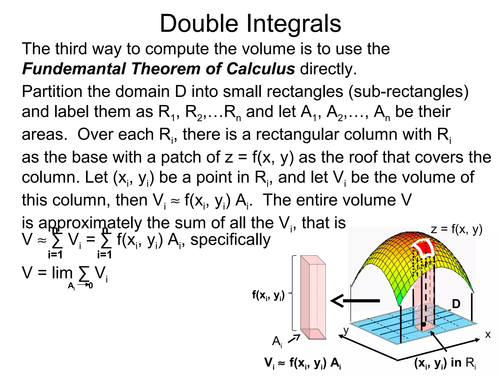 Double Integrals
y
z = f(x, y)
D
(xi, yi) in Ri
The third way to compute the volume is to use the
Fundemantal Theorem of Calculus directly.
Partition the domain D into small rectangles (sub-rectangles)
and label them as R1, R2,…Rn and let A1, A2,…, An be their
areas. Over each Ri, there is a rectangular column with Ri
as the base with a patch of z = f(x, y) as the roof that covers the
column. Let (xi, yi) be a point in Ri, and let Vi be the volume of
this column, then Vi ≈ f(xi, yi) Ai. The entire volume V
is approximately the sum of all the Vi, that is
x
/
i=1 i=1
nn
V = lim ∑ Vi
Ai 0
V ≈ ∑ Vi = ∑ f(xi, yi) Ai, specifically
Vi ≈ f(xi, yi) Ai
Ai
f(xi, yi)
 