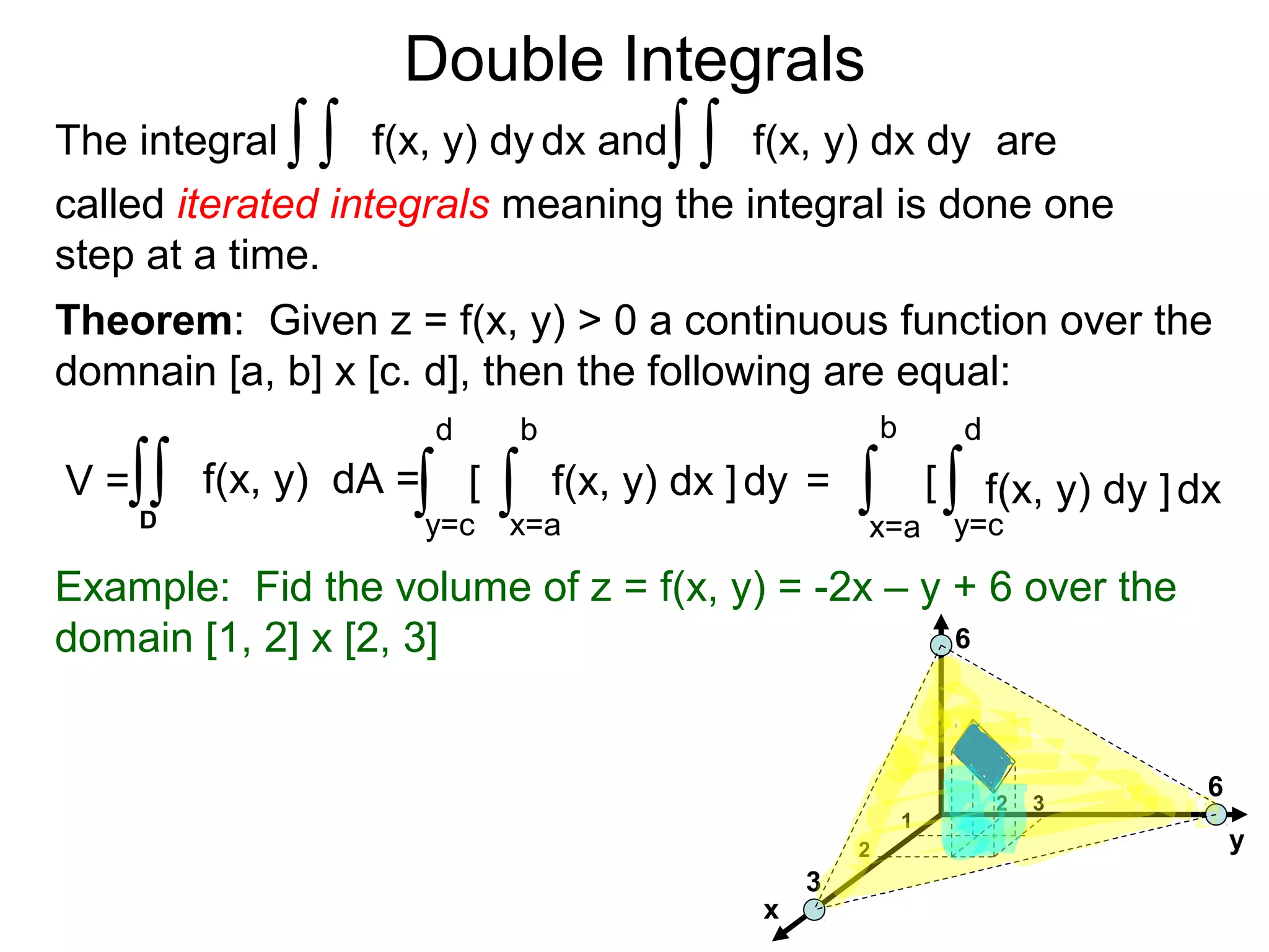 Double Integrals
Theorem: Given z = f(x, y) > 0 a continuous function over the
domnain [a, b] x [c. d], then the following are equal:
Example: Fid the volume of z = f(x, y) = -2x – y + 6 over the
domain [1, 2] x [2, 3]
x
y
6
6
3
1
2
2 3
f(x, y) dx dyThe integral dx andf(x, y) dy ∫∫∫∫ are
called iterated integrals meaning the integral is done one
step at a time.
[
x=a
b
dy
y=c
d
f(x, y) dx ]∫∫V = f(x, y) dA =∫∫D
= [
x=a
b
dx
y=c
d
f(x, y) dy ]∫ ∫
 