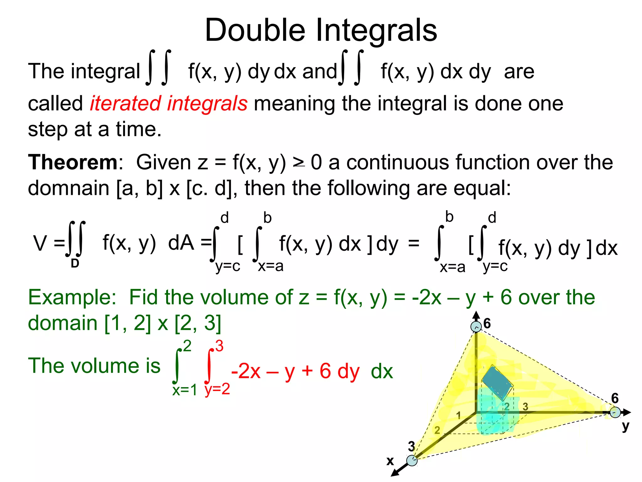 Double Integrals
Theorem: Given z = f(x, y) > 0 a continuous function over the
domnain [a, b] x [c. d], then the following are equal:
Example: Fid the volume of z = f(x, y) = -2x – y + 6 over the
domain [1, 2] x [2, 3]
x
y
6
6
3
1
2
2 3
The volume is
x=1
2
dx
y=2
3
-2x – y + 6 dy∫ ∫
f(x, y) dx dyThe integral dx andf(x, y) dy ∫∫∫∫ are
called iterated integrals meaning the integral is done one
step at a time.
[
x=a
b
dy
y=c
d
f(x, y) dx ]∫∫V = f(x, y) dA =∫∫D
= [
x=a
b
dx
y=c
d
f(x, y) dy ]∫ ∫
 