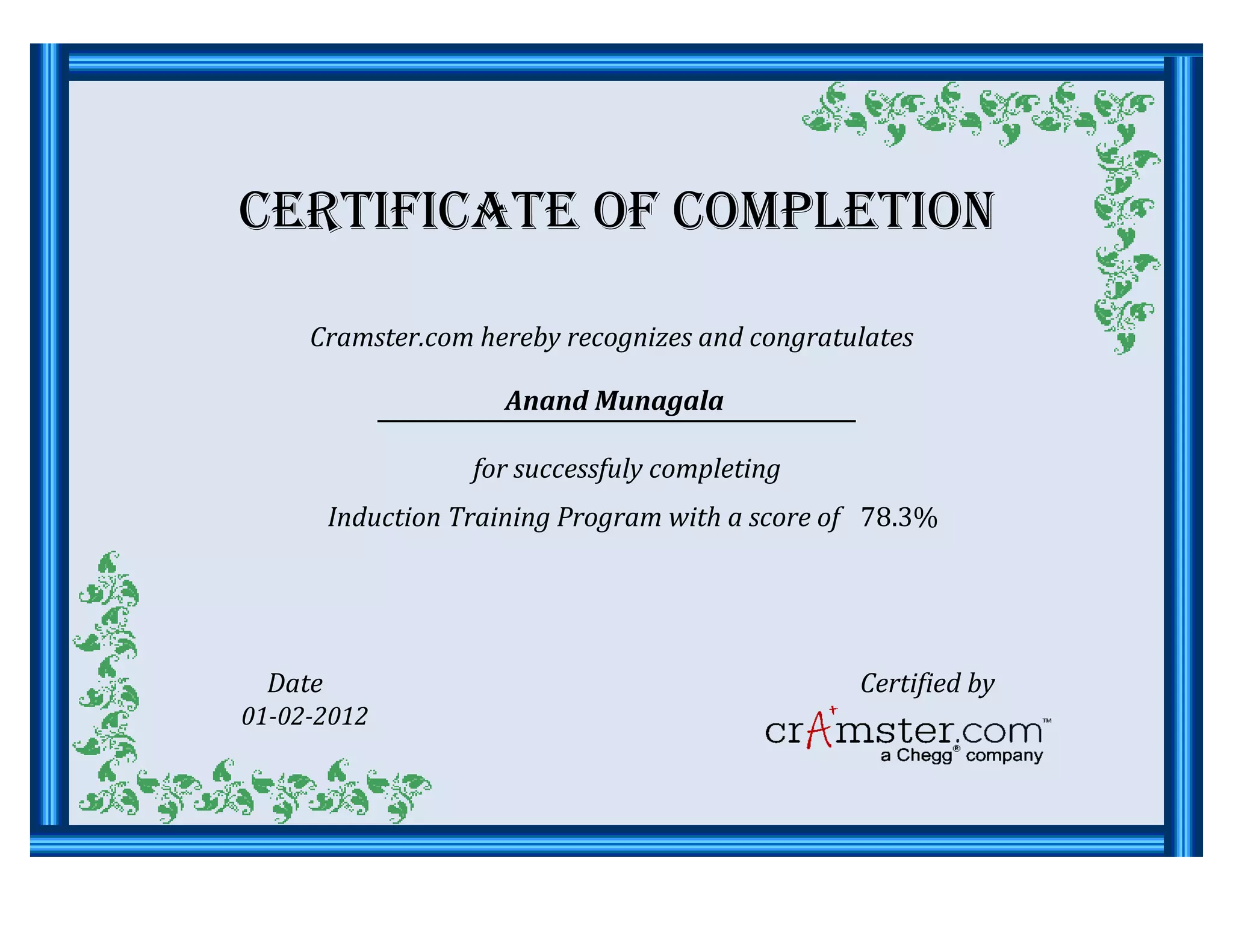 Completion certificate of Anand Munagala | PPT