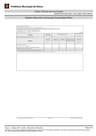 Prefeitura Municipal de Ilheus
Diário Oficial do Município
quinta-feira, 30 de março de 2017 | Ano II - Edição nº 00151 | Caderno 1
Relatório Resumido da Execuçâo Orçamentária (Rreo)
Em Reais
MUNICIPIO DE ILHEUS - BA
RELATÓRIO RESUMIDO DA EXECUÇÃO ORÇAMENTÁRIA
DEMONSTRATIVO DAS RECEITAS DE OPERAÇÕES DE CRÉDITO E DESPESAS DE CAPITAL
ORÇAMENTOS FISCAL E DA SEGURIDADE SOCIAL
RREO – ANEXO 9 (LRF, art.53, § 1º, inciso I)
PREVISAO
ATUALIZADA (a)
RECEITAS REALIZADAS
SALDO A REALIZAR
(b) (c) = (a-b)
RECEITAS
RECEITAS DE OPERAÇÕES DE CRÉDITO (I)
DOTAÇÃO
ATUALIZADA
DESPESAS
LIQUIDADAS
SALDO NÃO
EXECUTADO
DESPESAS INSCRITAS
EM RESTOS A PAGAR
NÃO PROCESSADOS
(d) (f) = (d – e)
DESPESAS
(e)
DESPESAS
EMPENHADAS
DESPESAS DE CAPITAL
(-) Incentivos Fiscais a Contribuinte
(-) Incentivos Fiscais a Contribuinte Por Instituições Financeiras
DESPESAS DE CAPITAL LÍQUIDA (II)
RESULTADO PARA APURAÇÃO DA REGRA DE OURO (III) = (I - II)
FONTE: Sistema de Administração de Finanças Públicas, Unidade Responsável: Controladoria Geral Do Município - Cgm, Emissão: 29/03/2017 , às 14:45:25
Sistema de Administração de Finanças Públicas Página 1 de 1 E&L Produções de Software LTDA
Praça J. J. Seabra S/N – Centro | S/N | Centro | Ilhéus-Ba Página 015
Este documento foi assinado digitalmente por SERASA Experian conforme MP n. 2.200-2/2001 de 24/08/2001, que institui a infra-estrutura de Chaves Públicas Brasileira -
ICP - Brasil. Cetificação diigital: BE5B9FD333ABD1478EB8A10776815618
Prefeitura Municipal de Ilheus
Diário Oficial do Município
quinta-feira, 30 de março de 2017 | Ano II - Edição nº 00151 | Caderno 1
 