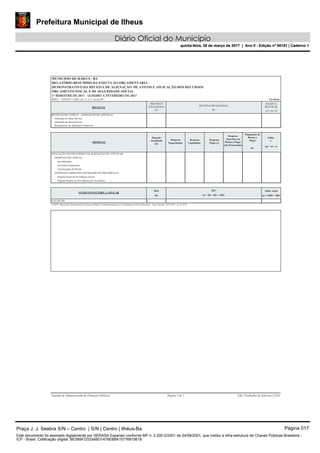 Prefeitura Municipal de Ilheus
Diário Oficial do Município
quinta-feira, 30 de março de 2017 | Ano II - Edição nº 00151 | Caderno 1
MUNICIPIO DE ILHEUS - BA
RELATÓRIO RESUMIDO DA EXECUÇÃO ORÇAMENTÁRIA
DEMONSTRATIVO DA RECEITA DE ALIENAÇÃO DE ATIVOS E APLICAÇÃO DOS RECURSOS
ORÇAMENTO FISCAL E DE SEGURIDADE SOCIAL
RREO – ANEXO 11 (LRF, art. 53, § 1º, inciso III ) Em Reais
PREVISAO
ATUALIZADA
(a)
RECEITAS REALIZADAS
SALDO A
REALIZAR
(b) (c) = (a - b)
RECEITAS
RECEITAS DE CAPITAL - ALIENAÇÃO DE ATIVOS (I)
Alienação de Bens Móveis
Alienação de Bens Imóveis
Rendimentos de Aplicação Financeira
Despesas
Liquidadas
Saldo
a
Despesas
Inscritas em
Restos a Pagar
não Processados
Dotação
Atualizada
(d)
(g) = (d - e)
DESPESAS
Despesas
Empenhadas
Despesas
Pagas (e)
Pagamento de
Restos a
Pagar
(f)
APLICAÇÃO DOS RECURSOS DA ALIENAÇÃO DE ATIVOS (II)
DESPESAS DE CAPITAL
Investimentos
Inversões Financeiras
Amortização da Dívida
DESPESAS CORRENTES DO REGIME DE PREVIDÊNCIA
Regime Geral da Previdência Social
Regime Próprio de Previdência dos Servidores
2016 Saldo Atual2017
(h) (i) = (Ib - (IIe + IIf)) (j) = (IIIh + IIIi)
SALDO FINANCEIRO A APLICAR
VALOR (III)
FONTE: Sistema de Administração de Finanças Públicas, Unidade Responsável: Controladoria Geral Do Município - Cgm, Emissão: 29/03/2017 , às 14:50:39
Sistema de Administração de Finanças Públicas Página 1 de 1 E&L Produções de Software LTDA
Praça J. J. Seabra S/N – Centro | S/N | Centro | Ilhéus-Ba Página 017
Este documento foi assinado digitalmente por SERASA Experian conforme MP n. 2.200-2/2001 de 24/08/2001, que institui a infra-estrutura de Chaves Públicas Brasileira -
ICP - Brasil. Cetificação diigital: BE5B9FD333ABD1478EB8A10776815618
Prefeitura Municipal de Ilheus
Diário Oficial do Município
quinta-feira, 30 de março de 2017 | Ano II - Edição nº 00151 | Caderno 1
 