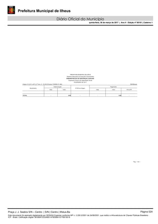Prefeitura Municipal de Ilheus
Diário Oficial do Município
quinta-feira, 30 de março de 2017 | Ano II - Edição nº 00151 | Caderno 1
PREFEITURA MUNICIPAL DE
Relatório Resumido da Execução Orçamentária
DEMONSTRATIVO DE SENTENÇAS JUDICIAIS
Orçamento Fiscal e da Seguridade Social
Artigos 19, § 4º e 30º, § 7º da L.C. 101/00 (Portaria TCM/BA N° 460) R$ Milhares
Beneficiário
Determinação
Data Valor
Nº NE de Origem
Pagamento
Data Valor Nº do PP
TOTAL - 0,00 - - 0,00 -
Pag.: 1 de 1
Praça J. J. Seabra S/N – Centro | S/N | Centro | Ilhéus-Ba Página 024
Este documento foi assinado digitalmente por SERASA Experian conforme MP n. 2.200-2/2001 de 24/08/2001, que institui a infra-estrutura de Chaves Públicas Brasileira -
ICP - Brasil. Cetificação diigital: BE5B9FD333ABD1478EB8A10776815618
Prefeitura Municipal de Ilheus
Diário Oficial do Município
quinta-feira, 30 de março de 2017 | Ano II - Edição nº 00151 | Caderno 1
 