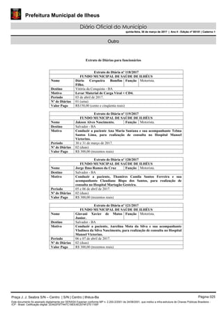 Prefeitura Municipal de Ilheus
Diário Oficial do Município
quinta-feira, 30 de março de 2017 | Ano II - Edição nº 00151 | Caderno 1
Outro
Extrato de Diárias para funcionários
Extrato de Diária nº 118/2017
FUNDO MUNICIPAL DE SAÚDE DE ILHÉUS
Nome Dário Cerqueira Bomfim
Filho.
Função Motorista.
Destino Vitória da Conquista - BA
Motivo Levar Material de Carga Viral + CD4.
Período 03 de abril de 2017.
Nº de Diárias 01 (uma)
Valor Pago R$150,00 (cento e cinqüenta reais)
Extrato de Diária nº 119/2017
FUNDO MUNICIPAL DE SAÚDE DE ILHÉUS
Nome Jakson Alves Nascimento. Função Motorista.
Destino Salvador - BA
Motivo Conduzir a paciente Ana Maria Santana e sua acompanhante Telma
Santos Lima, para realização de consulta no Hospital Manoel
Victorino.
Período 30 e 31 de março de 2017.
Nº de Diárias 02 (duas)
Valor Pago R$ 300,00 (trezentos reais)
Extrato de Diária nº 120/2017
FUNDO MUNICIPAL DE SAÚDE DE ILHÉUS
Nome Jorge Ilmo Ramos da Cruz Função Motorista.
Destino Salvador - BA
Motivo Conduzir a paciente, Thamires Camila Santos Ferreira e sua
acompanhante Claudiane Bispo dos Santos, para realização de
consulta no Hospital Martagão Gesteira.
Período 05 e 06 de abril de 2017.
Nº de Diárias 02 (duas)
Valor Pago R$ 300,00 (trezentos reais)
Extrato de Diária nº 121/2017
FUNDO MUNICIPAL DE SAÚDE DE ILHÉUS
Nome Giovani Xavier de Matos
Junior.
Função Motorista.
Destino Salvador - BA
Motivo Conduzir a paciente, Aurelina Mota da Silva e sua acompanhante
Vladinea da Silva Nascimento, para realização de consulta no Hospital
Manoel Victorino.
Período 06 e 07 de abril de 2017.
Nº de Diárias 02 (duas)
Valor Pago R$ 300,00 (trezentos reais)
Praça J. J. Seabra S/N – Centro | S/N | Centro | Ilhéus-Ba Página 025
Este documento foi assinado digitalmente por SERASA Experian conforme MP n. 2.200-2/2001 de 24/08/2001, que institui a infra-estrutura de Chaves Públicas Brasileira -
ICP - Brasil. Cetificação diigital: 2DA02F877447C1BEEAE2074F27E1155F
Prefeitura Municipal de Ilheus
Diário Oficial do Município
quinta-feira, 30 de março de 2017 | Ano II - Edição nº 00151 | Caderno 1
 