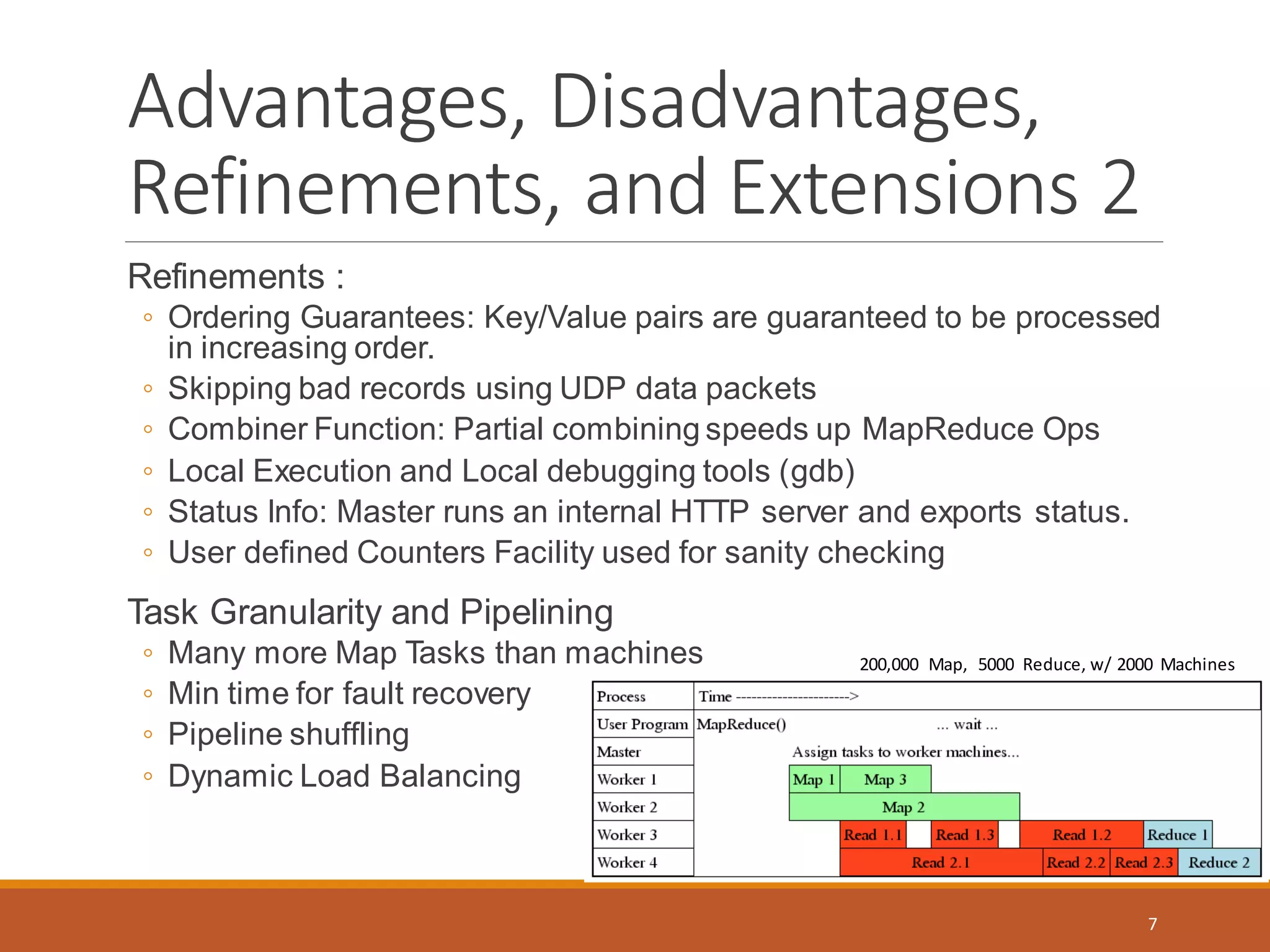 Refinements :
◦ Ordering Guarantees: Key/Value pairs are guaranteed to be processed
in increasing order.
◦ Skipping bad records using UDP data packets
◦ Combiner Function: Partial combining speeds up MapReduce Ops
◦ Local Execution and Local debugging tools (gdb)
◦ Status Info: Master runs an internal HTTP server and exports status.
◦ User defined Counters Facility used for sanity checking
Task Granularity and Pipelining
◦ Many more Map Tasks than machines
◦ Min time for fault recovery
◦ Pipeline shuffling
◦ Dynamic Load Balancing
Advantages, Disadvantages,
Refinements, and Extensions 2
200,000 Map, 5000 Reduce, w/ 2000 Machines
7
 