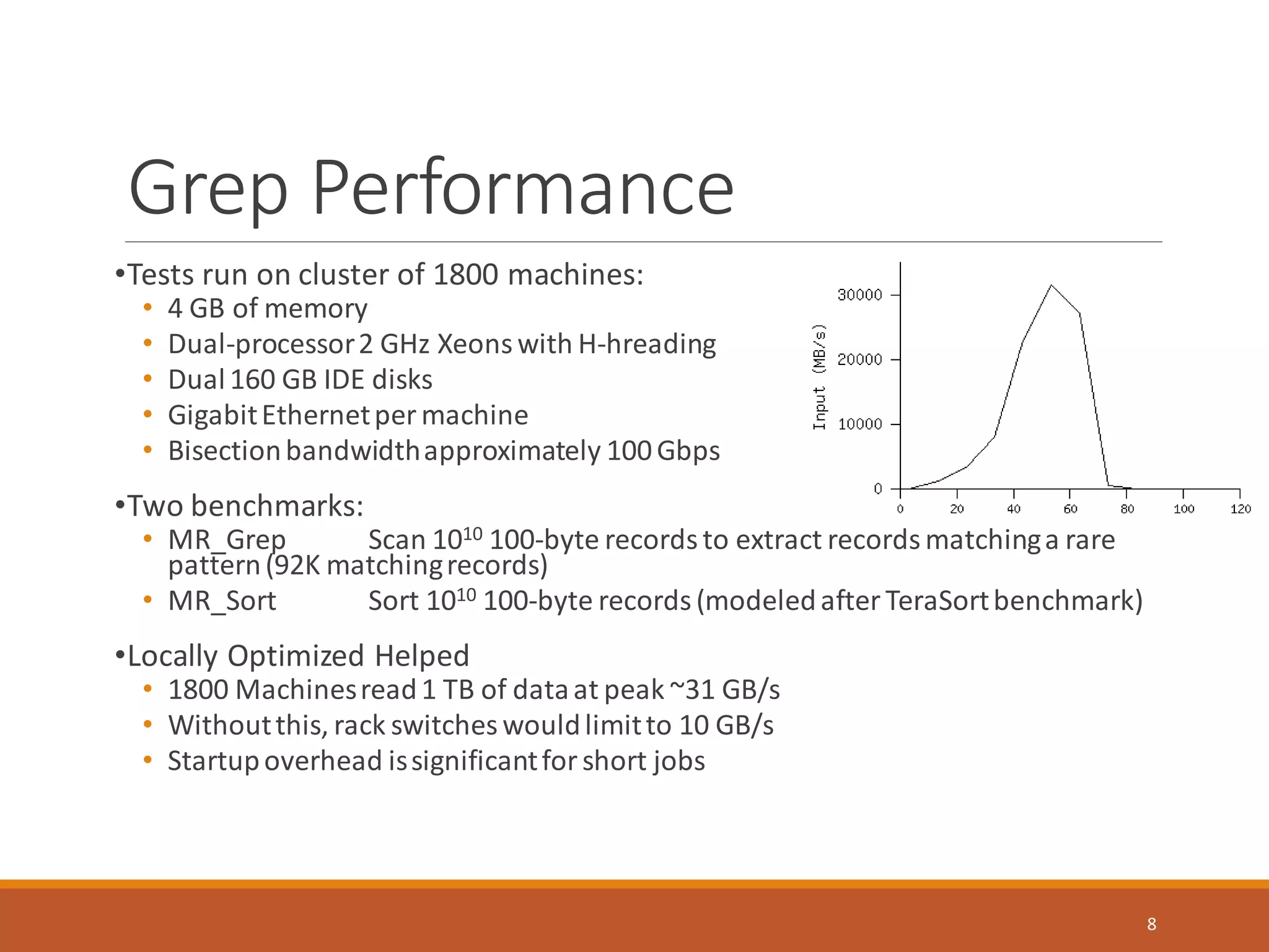 Grep Performance
8
•Tests run on cluster of 1800 machines:
• 4 GB of memory
• Dual-processor2 GHz Xeons with H-hreading
• Dual160 GB IDE disks
• GigabitEthernetper machine
• Bisectionbandwidthapproximately 100Gbps
•Two benchmarks:
• MR_Grep Scan 1010 100-byte records to extract records matchinga rare
pattern(92K matchingrecords)
• MR_Sort Sort 1010 100-byte records(modeledafter TeraSortbenchmark)
•Locally Optimized Helped
• 1800 Machinesread1 TB of dataat peak ~31 GB/s
• Withoutthis, rack switches wouldlimitto 10 GB/s
• Startupoverhead issignificantforshort jobs
 