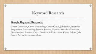 Keyword Research
Google Keyword Research:
Career Counselor, Career Counseling, Career Coach, Job Search, Interview
Preparation, Interviewing, Resume Services, Resume, Vocational Services,
Outplacement Services, Career Services At Universities, Career Advice, Job
Search Advice, free career advice.
 