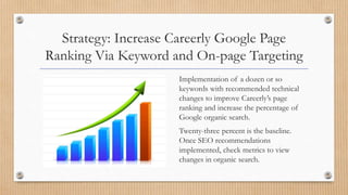 Strategy: Increase Careerly Google Page
Ranking Via Keyword and On-page Targeting
Implementation of a dozen or so
keywords with recommended technical
changes to improve Careerly’s page
ranking and increase the percentage of
Google organic search.
Twenty-three percent is the baseline.
Once SEO recommendations
implemented, check metrics to view
changes in organic search.
 