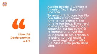 Libro del
Deuteronomio
6,4-9
Ascolta Israele, il Signore è
il nostro Dio, il Signore è
uno solo.
Tu amerai il Signore tuo Dio
con tutto il tuo cuore, con
tutta la tua anima e con
tutte le tue forze. E metterai
queste parole, che Io oggi ti
comando, sul tuo cuore, e
le insegnerai ai tuoi figli.
Le legherai al tuo braccio e
le porrai sui tuoi occhi, le
scriverai sugli stipiti della
tua casa e sulle porte della
città.
 