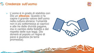  L’uomo è in grado di stabilire con
Dio un alleanza. Questo ci fa
capire il grande valore dell’uomo
nella cultura ebraica: l’umanità
non è più sottomessa ai capricci
e alle ire delle divinità pagane,
ma in cambio della fedeltà e del
rispetto delle sue leggi, Dio
donerà al popolo un regno di
pace e giustizia (la terra
promessa).
Credenze sull’uomo
 