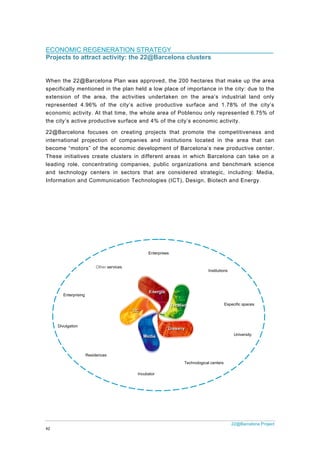 42
ECO
Proj
Whe
spec
exten
repre
econ
the c
22@
inter
beco
Thes
leadi
and
Infor
ONOMIC R
jects to at
n the 22@B
cifically men
nsion of th
esented 4.9
nomic activi
city’s active
Barcelona
national pr
ome “motors
se initiative
ing role, co
technology
mation and
Enterprising
R
Divulgation
REGENERA
tract activ
Barcelona P
ntioned in th
he area, th
96% of the
ty. At that t
productive
focuses on
rojection of
s” of the ec
s create cl
oncentrating
y centers in
Communic
Residences
Other servi
ATION ST
vity: the 22
Plan was ap
he plan held
e activities
e city’s act
time, the wh
surface an
n creating
f companie
conomic dev
usters in d
g companie
n sectors t
cation Tech
Incu
ces
TRATEGY
2@Barcel
pproved, th
d a low plac
s undertake
ive produc
hole area o
nd 4% of the
projects th
s and insti
velopment
ifferent are
es, public o
that are co
nologies (IC
Enterprises
ubator
ona cluste
e 200 hecta
ce of import
en on the
tive surfac
of Poblenou
e city’s eco
hat promote
itutions loc
of Barcelon
eas in which
organization
onsidered s
CT), Design
Technolog
ers
ares that m
tance in the
area’s indu
e and 1.78
only repre
nomic activ
e the comp
cated in the
na’s new pr
h Barcelona
ns and ben
strategic, in
n, Biotech a
Institutions
Esp
gical centers
22@Barcelona
make up the
e city: due t
ustrial land
8% of the
sented 6.75
vity.
petitiveness
e area that
roductive ce
a can take
nchmark sc
ncluding: M
and Energy.
ecific spaces
University
Project
area
to the
only
city’s
5% of
s and
t can
enter.
on a
ience
Media,
.
 