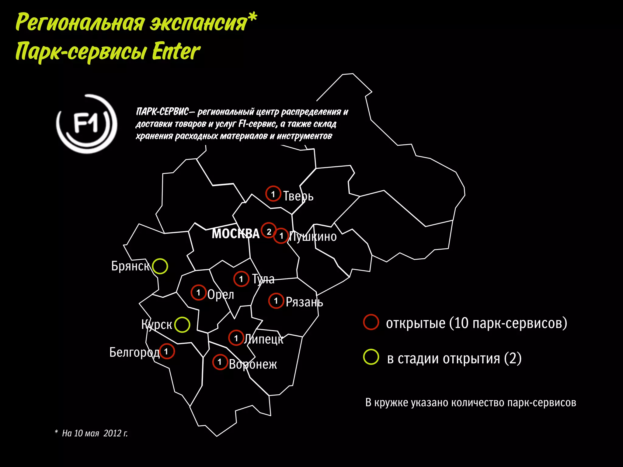 Региональная экспансия*
Парк-сервисы Enter

                         ПАРК-СЕРВИС– региональный центр распределения и
                         доставки товаров и услуг F1-сервис, а также склад
                         хранения расходных материалов и инструментов




                                                           1   Тверь

                                          МОСКВА          2 1
                                                                Пушкино

                 Брянск
                                                   1    Тула
                                      1   Орел             1    Рязань
                          Курск                                                  открытые (10 парк-сервисов)
                                               1       Липецк
                 Белгород 1                                                      в стадии открытия (2)
                                           1   Воронеж

                                                                             В кружке указано количество парк-сервисов

   * На 10 мая 2012 г.
 