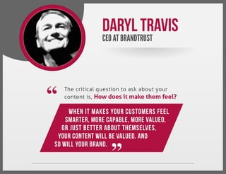 Daryl Travis
CEO AT BRANDTRUST

“

The critical question to ask about your
content is, How does it make them feel?

When i...