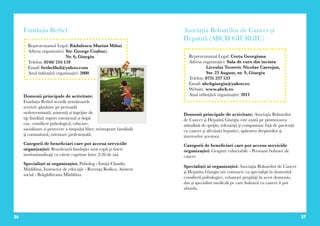 26 27
Domenii principale de activitate:
Fundația Bethel acordă următoarele
servicii: găzduire pe perioadă
nedeterminată; asistență și îngrijire de
tip familial; suport emoțional și după
caz, consiliere psihologică; educare;
socializare si petrecere a timpului liber; reintegrare familială
și comunitară; orientare profesională.
Categorii de beneficiari care pot accesa serviciile
organizației: Beneficiarii fundaţiei sunt copii şi tineri
institutionalizaţi cu vârste cuprinse între 2-26 de ani.
Specialiști ai organizației: Psiholog - Ioniţă Claudia
Mădălina; Instructor de educaţie - Revenţa Rodica; Asistent
social - Brăgădireanu Mădălina.
Fundația Bethel
Reprezentantul Legal: Rădulescu Marius Mihai
Adresa organizatiei: Str. George Coşbuc;
Nr. 6; Giurgiu
Telefon: 0246/ 216 159
Email: bethelfnd@yahoo.com
Anul inființării organizației: 2000
Asociația Bolnavilor de Cancer și
Hepatită (ABCH GIURGIU)
Domenii principale de activitate: Asociaţia Bolnavilor
de Cancer şi Hepatită Giurgiu este axată pe promovarea
atitudinii de sprijin, toleranţă şi compasiune față de pacienții
cu cancer şi afecțiuni hepatice, apărarea drepturilor şi
intereselor acestora.
Categorii de beneficiari care pot accesa serviciile
organizației: Grupuri vulnerabile - Persoane bolnave de
cancer
Specialiști ai organizației: Asociaţia Bolnavilor de Cancer
şi Hepatita Giurgiu are contracte cu specialişti în domeniul
consilierii psihologice, voluntari pregătiţi în acest domeniu,
dar şi specialisti medicali pe care bolnavii cu cancer îi pot
aborda.
Reprezentantul Legal: Crețu Georgiana
Adresa organizației: Sala de curs din incinta
Liceului Teoretic Nicolae Cartojan,
Str. 23 August, nr. 9, Giurgiu
Telefon: 0731 237 533
Email: abchgiurgiu@yahoo.ro
Website: www.abch.ro
Anul inființării organizației: 2011
 