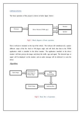 OPERATION:
The basic operation of this project is shown in below figure below:-
Fig5.1: Block diagram of basic operation
Here a webcam is mounted on the top of the vehicle. The webcam will simultaneously capture
different snaps of the live feed in 180 degree angle and will fetch that data to the TSDR
application which is installed in the driver monitor. The application installed in the driver
monitor will then process the image and detect the traffic sign and signal. The detected sign or
signal will be displayed on the monitor and an audio message will be delivered to warn the
driver.
Algorithm:
Fig5.2: Basic flow of operation
Driver Monitor (TSDR app.)Webcam
Monitor
Speaker
Input image
Conversion of
input image to
bitmap image
RGB
thresholding
Applying filterOutput image
 