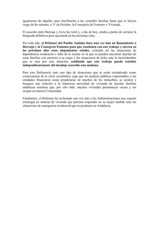 Comunicado del Defensor del Pueblo Andaluz ante el desalojo de la Corrala Utopía