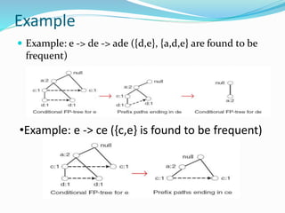 Example
 Example: e -> de -> ade ({d,e}, {a,d,e} are found to be
frequent)
•Example: e -> ce ({c,e} is found to be frequent)
 
