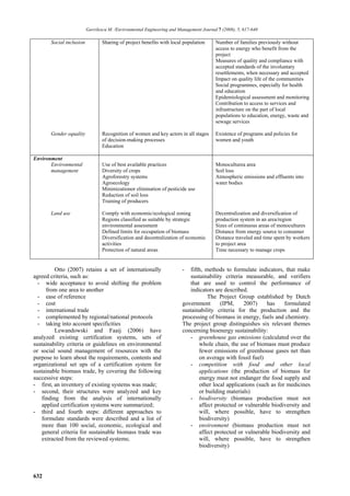 Gavrilescu M. /Environmental Engineering and Management Journal 7 (2008), 5, 617-640

       Social inclusion          Sharing of project benefits with local population       Number of families previously without
                                                                                         access to energy who benefit from the
                                                                                         project
                                                                                         Measures of quality and compliance with
                                                                                         accepted standards of the involuntary
                                                                                         resettlements, when necessary and accepted
                                                                                         Impact on quality life of the communities
                                                                                         Social programmes, especially for health
                                                                                         and education
                                                                                         Epidemiological assessment and monitoring
                                                                                         Contribution to access to services and
                                                                                         infrastructure on the part of local
                                                                                         populations to education, energy, waste and
                                                                                         sewage services

       Gender equality           Recognition of women and key actors in all stages       Existence of programs and policies for
                                 of decision-making processes                            women and youth
                                 Education

Environment
       Environmental             Use of best available practices                         Monoculturea area
       management                Diversity of crops                                      Soil loss
                                 Agroforestry systems                                    Atmospheric emissions and effluents into
                                 Agroecology                                             water bodies
                                 Minimizationor elimination of pesticide use
                                 Reduction of soil loss
                                 Training of producers

       Land use                  Comply with economic/ecological zoning                  Decentralization and diversification of
                                 Regions classified as suitable by strategic             production system in an area/region
                                 environmental assessment                                Sizes of continuous areas of monocultures
                                 Defined limits for occupation of biomass                Distance from energy source to consumer
                                 Diversification and decentralization of economic        Distance traveled and time spent by workers
                                 activities                                              to project area
                                 Protection of natural areas                             Time necessary to manage crops


          Otto (2007) retains a set of internationally                   -   fifth, methods to formulate indicators, that make
agreed criteria, such as:                                                    sustainability criteria measurable, and verifiers
  - wide acceptance to avoid shifting the problem                            that are used to control the performance of
      from one area to another                                               indicators are described.
  - ease of reference                                                                The Project Group established by Dutch
  - cost                                                                 government       (IPM,     2007)     has     formulated
  - international trade                                                  sustainability criteria for the production and the
  - complemented by regional/national protocols                          processing of biomass in energy, fuels and chemistry.
  - taking into account specificities                                    The project group distinguishes six relevant themes
          Lewandowski and Faaij (2006) have                              concerning bioenergy sustainability:
analyzed existing certification systems, sets of                             - greenhouse gas emissions (calculated over the
sustainability criteria or guidelines on environmental                           whole chain, the use of biomass must produce
or social sound management of resources with the                                 fewer emissions of greenhouse gases net than
purpose to learn about the requirements, contents and                            on average with fossil fuel)
organizational set ups of a certification system for                         - competition with food and other local
sustainable biomass trade, by covering the following                             applications (the production of biomass for
successive steps:                                                                energy must not endanger the food supply and
- first, an inventory of existing systems was made;                              other local applications (such as for medicines
- second, their structures were analyzed and key                                 or building materials)
    finding from the analysis of internationally                             - biodiversity (biomass production must not
    applied certification systems were summarized;                               affect protected or vulnerable biodiversity and
- third and fourth steps: different approaches to                                will, where possible, have to strengthen
    formulate standards were described and a list of                             biodiversity)
    more than 100 social, economic, ecological and                           - environment (biomass production must not
    general criteria for sustainable biomass trade was                           affect protected or vulnerable biodiversity and
    extracted from the reviewed systems;                                         will, where possible, have to strengthen
                                                                                 biodiversity)




632
 