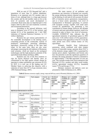 Gavrilescu M. /Environmental Engineering and Management Journal 7 (2008), 5, 617-640

           With an area of 238 thousand km2 and a                                    The main sources of air pollution and
  population of more than 21 million inhabitants,                          greenhouse gas emissions in Romania are currently
  Romania is an important new EU member state in                           the energy producing industry (thermal energy based
  terms of size, although there is a large gap between                     on the burning of coal and oil still accounts for about
  this country and the old member states as far as the                     60% of domestic power generation), transportation,
  level of economic and social development is                              and to a lesser extent, agriculture. Low level of
  concerned. Rural areas play an important part in this                    mechanization in Romanian agriculture, in contrast
  respect, both by their size and residential, economic                    with European average, together with small areas
  and recreational dimensions.                                             covered by greenhouses, are generating a low
           According to the national definition, rural                     contribution to climate change. However, the old park
  areas in Romania cover 87.1% of the territory, and                       of tractors and main agricultural machines, need to be
  include 45.1% of the population (on 1 July 2005                          renewed in order to keep a low level of emissions.
  indicators of National Statistical Institute), i.e. 9.7                  Available EUROSTAT data indicates that the
  million inhabitants.                                                     agricultural emissions of greenhouse gases in 2002
           Romania has got various particularities of                      were over 11.02 million tonnes of CO2 equivalence.
  the sustainable development in the farming sector,                       Total emissions from agriculture in the EU-12 for the
  concerning poverty in the countryside, scarcity of                       same period were 416.4 million tonnes of CO2
  productive technologies, practicing subsistence                          equivalence.
  agriculture, excessively cutting of the farm land                                  Romania benefits from hydro-power
  estate. In the same time, there are also some                            generation, which combined with other modest
  advantages concerning the old traditions of Romanian                     sources of renewable energy, generate about 28.8 %
  rural economy, which are based on the ecological                         of the domestic energy supply (10% is generated by
  technologies and the high productive potential of the                    nuclear power plants). Agriculture and forestry also
  agricultural lands (Burja and Burja, 2008).                              have the potential to provide significant quantities of
           Romania was one of the first countries to                       biomass, the energy potential of which is estimated to
  sign the Kyoto Protocol and thereby show its                             be approximately 7 594 000 equivalent oil tons per
  commitment to the fight against climate change by                        year. This includes residue from forest enterprises and
  agreeing to reduce greenhouse gas emissions by 8%                        firewood (15.5%), sawdust and other wood residue
  by 2012. It is now one of the leading new EU                             (6.4%), agricultural residues (63.2%), household
  Member States in achieving this objective with a                         waste (7.2%) and bio-gas (7.7%).
  reduction of more than 30 % of gas emissions since                                 Biomass resources and delivery costs are
  1989 (National Strategy, 2005).                                          presented in Table 8 (Nikolaou et al., 2003).

                 Table 8. Biomass resources supply, energy crops and delivery costs in Romania (Nikolaou et al., 2003)

  Sector         Resource            Fuel category        Curent use      Technical         Biomass not         Available     Available
                                                          for energy      biomass           available for       biomass       energy
                                                          2000            potential         various             (dry          potential
                                                          (PJ/year)       2000       (dry   reasons             tons/year)=   2000
                                                                          tons/year)        2000     (dry       [a]-[b]       PJ/year
                                                                          [a]               tons/year)
                                                                                            [b]

  BIOMASS RESOURCES SUPPLY
                 Dry agricultural    Dry                                  7826000           0                   4128000       73.304
                 residues            lignocellulosic

                 Livestock           Wet cellulosic                       5735172           4427172             1308000       11.772

      Agricul    waste               Dry cellulosic       0               757116            0                   757116        10.599624
      ture                           Dry                  0               n.a               n.a                 n.a           n.a
                 Energy crops        lignocellulosic
                                     Oil seeds for        0               n.a               n.a                 n.a           n.a
                                     methylesters
                                     Sugar/starch         0               n.a               n.a                 n.a           n.a
                                     crops for ethanol
      Forestry   Woodfuel            Dry                  109,857         6103200           0                   6103200       109.8576
                 forestry            lignocellulosic
                 byproducts




634
 