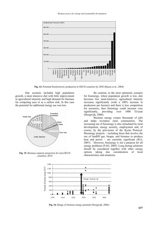 Biomass power for energy and sustainable development




                 Fig. 14. Potential bioelectricity production in OECD countries by 2020 (Bauen et al., 2004)

         One scenario included high population                              By contrast, in the most optimistic scenario
growth, a meat intensive diet with little improvement              for bioenergy, where population growth is low, diet
in agricultural intensity and high demand for biomass              becomes less meat-intensive, agricultural intensity
for competing uses or as a carbon sink. In this case               increases significantly (with a 100% increase in
the potential for additional energy use was low.                   production per hectare) and there is less competition
                                                                   for resources, then bioenergy could increase very
                                                                   significantly, providing over 1000 EJ/year
                                                                   (Hoogwijk, 2006).
                                                                            Biomass energy creates thousands of jobs
                                                                   and helps revitalize rural communities. The
                                                                   increasing use of bioenergy is also stimulated by rural
                                                                   development, energy security, employment and, of
                                                                   course, by the provisions of the Kyoto Protocol.
                                                                   Bioenergy projects – including those that involve the
                                                                   use of landfill gas, biogas, and biomass to produce
                                                                   heat and power – are currently significant (IEA,
                                                                   2007). However, bioenergy is not a panacea for all
                                                                   energy problems (FAO, 2005). Long lasting solutions
                                                                   should be considered together with other energy
   Fig. 15. Biomass capacity projection for non-OECD               options taking due consideration of local
                     countries, 2010                               characteristics and situations.




                               Fig. 16. Range of biomass energy potential (Hoogwijk, 2006)
                                                                                                                      637
 