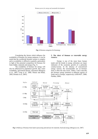 Biomass power for energy and sustainable development




                                           Fig. 2. Biomass categories for bioenergy


          Considering the factors which influence the                2. The share of biomass as renewable energy
availability of biomass for energy purposes, it can be               resource
noted that the worldwide biomass system is complex
and so availability is difficult to quantify, particularly                     Energy is one of the more basic human
in light of the potential competition for biomass for                needs and the trends in energy utilization are major
food, fodder, materials and energy (Fig. 3).                         indicators of the economic growth of a particular
          The availability of biomass for energy will                country/society. In the absence of conventional
also be influenced by population growth, diet, water                 energy sources, the unsustainable use of biomass
availability, agricultural density, and nature (Bringezu             fuels is often the only resort. Tables 1 and 2 describe
et al., 2007; Long et al., 2006; Olesen and Bindi,                   the biomass energy potential in different regions of
2002; Perlack et al., 2005).                                         Earth and in Europe, respectively (AFB-NET, 2000;
                                                                     Parikka, 2006).




     Fig. 3. Pathway of biomass from land to processing and end-uses for materials, food and energy (Bringezu et al., 2007)


                                                                                                                              619
 