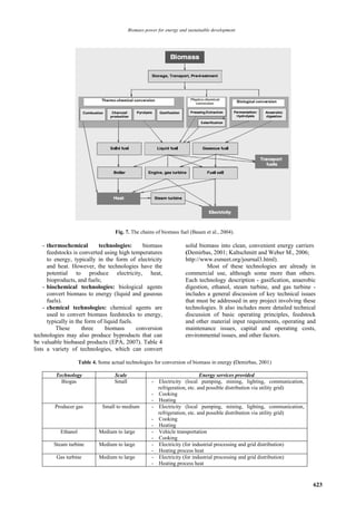 Biomass power for energy and sustainable development




                                     Fig. 7. The chains of biomass fuel (Bauen et al., 2004).

     - thermochemical        technologies:      biomass                 solid biomass into clean, convenient energy carriers
       feedstocks is converted using high temperatures                  (Demirbas, 2001; Kaltschmitt and Weber M., 2006;
       to energy, typically in the form of electricity                  http://www.esmeet.org/journal3.html).
       and heat. However, the technologies have the                              Most of these technologies are already in
       potential to produce electricity, heat,                          commercial use, although some more than others.
       bioproducts, and fuels;                                          Each technology description - gasification, anaerobic
     - biochemical technologies: biological agents                      digestion, ethanol, steam turbine, and gas turbine -
       convert biomass to energy (liquid and gaseous                    includes a general discussion of key technical issues
       fuels).                                                          that must be addressed in any project involving these
     - chemical technologies: chemical agents are                       technologies. It also includes more detailed technical
       used to convert biomass feedstocks to energy,                    discussion of basic operating principles, feedstock
       typically in the form of liquid fuels.                           and other material input requirements, operating and
           These       three     biomass      conversion                maintenance issues, capital and operating costs,
technologies may also produce byproducts that can                       environmental issues, and other factors.
be valuable biobased products (EPA, 2007). Table 4
lists a variety of technologies, which can convert

                     Table 4. Some actual technologies for conversion of biomass in energy (Demirbas, 2001)

         Technology                  Scale                                       Energy services provided
           Biogas                    Small              -   Electricity (local pumping, mining, lighting, communication,
                                                            refrigeration, etc. and possible distribution via utility grid)
                                                        -   Cooking
                                                        -   Heating
         Producer gas          Small to medium          -   Electricity (local pumping, mining, lighting, communication,
                                                            refrigeration, etc. and possible distribution via utility grid)
                                                        -   Cooking
                                                        -   Heating
           Ethanol            Medium to large           -   Vehicle transportation
                                                        -   Cooking
        Steam turbine         Medium to large           -   Electricity (for industrial processing and grid distribution)
                                                        -   Heating process heat
         Gas turbine          Medium to large           -   Electricity (for industrial processing and grid distribution)
                                                        -   Heating process heat



                                                                                                                              623
 