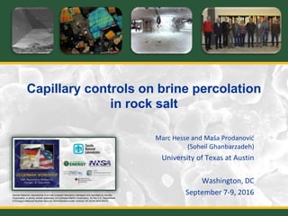 Sandia National Laboratories is a multi-program laboratory managed and operated by Sandia
Corporation, a wholly owned subsidiary of Lockheed Martin Corporation, for the U.S. Department
of Energy’s National Nuclear Security Administration under contract DE-AC04-94AL85000..
Capillary controls on brine percolation
in rock salt
Marc Hesse and Maša Prodanović
(Soheil Ghanbarzadeh)
University of Texas at Austin
Washington, DC
September 7-9, 2016
 