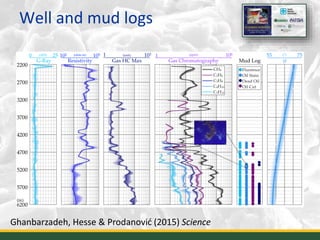 Well and mud logs
0 25(API)
G-Ray
102 105(ohm.m)
Resistivity
1 103(unit)
Gas HC Max
1 106(ppm)
Gas Chromatography
(m)
55 75(°)
θ
Fluoresce
Oil Stain
Dead Oil
Oil Cut
2200
2700
3200
3700
4200
4700
5200
5700
6200
Mud Log
CH4
C2H6
C3H8
C4H10
C5H12
18
Ghanbarzadeh, Hesse & Prodanović (2015) Science
 
