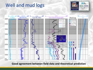 Well and mud logs
0 25(API)
G-Ray
102 105(ohm.m)
Resistivity
1 103(unit)
Gas HC Max
1 106(ppm)
Gas Chromatography
(m)
55 75(°)
θ
Fluoresce
Oil Stain
Dead Oil
Oil Cut
2200
2700
3200
3700
4200
4700
5200
5700
6200
Mud Log
CH4
C2H6
C3H8
C4H10
C5H12
19Good agreement between field data and theoretical prediction
 