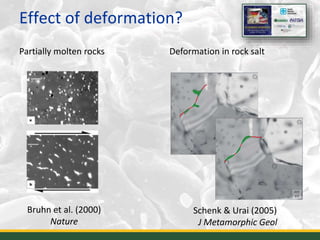 Effect of deformation?
21
Bruhn et al. (2000)
Nature
Partially molten rocks
Schenk & Urai (2005)
J Metamorphic Geol
Deformation in rock salt
 