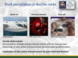 Fluid percolation in ductile rocks
3
Glacier ice Planetary interiors Rock salt
Ductile deformation
Accumulation of large and permanent strains without macroscopic
fracturing ⟹ very active microstructure accommodating deformation
Implication of this active microstructure for pore fluid distribution?
NASA Earth ObservatoryIPGP Antoine PitrouGlobal Science
 