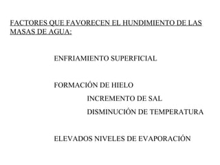 FACTORES QUE FAVORECEN EL HUNDIMIENTO DE LAS MASAS DE AGUA: ENFRIAMIENTO SUPERFICIAL FORMACIÓN DE HIELO   INCREMENTO DE SAL   DISMINUCIÓN DE TEMPERATURA ELEVADOS NIVELES DE EVAPORACIÓN 