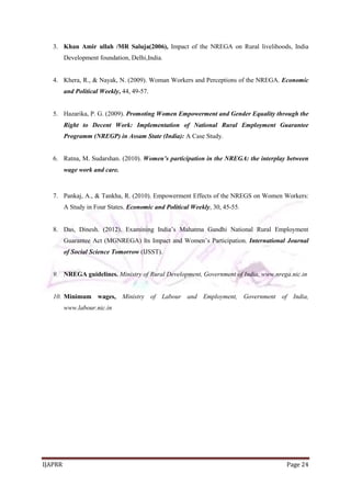 IJAPRR Page 24
3. Khan Amir ullah /MR Saluja(2006), Impact of the NREGA on Rural livelihoods, India
Development foundation, Delhi,India.
4. Khera, R., & Nayak, N. (2009). Woman Workers and Perceptions of the NREGA. Economic
and Political Weekly, 44, 49-57.
5. Hazarika, P. G. (2009). Promoting Women Empowerment and Gender Equality through the
Right to Decent Work: Implementation of National Rural Employment Guarantee
Programm (NREGP) in Assam State (India): A Case Study.
6. Ratna, M. Sudarshan. (2010). Women’s participation in the NREGA: the interplay between
wage work and care.
7. Pankaj, A., & Tankha, R. (2010). Empowerment Effects of the NREGS on Women Workers:
A Study in Four States. Economic and Political Weekly, 30, 45-55.
8. Das, Dinesh. (2012). Examining India’s Mahatma Gandhi National Rural Employment
Guarantee Act (MGNREGA) Its Impact and Women’s Participation. International Journal
of Social Science Tomorrow (IJSST).
9. NREGA guidelines. Ministry of Rural Development, Government of India, www.nrega.nic.in
10. Minimum wages, Ministry of Labour and Employment, Government of India,
www.labour.nic.in
 