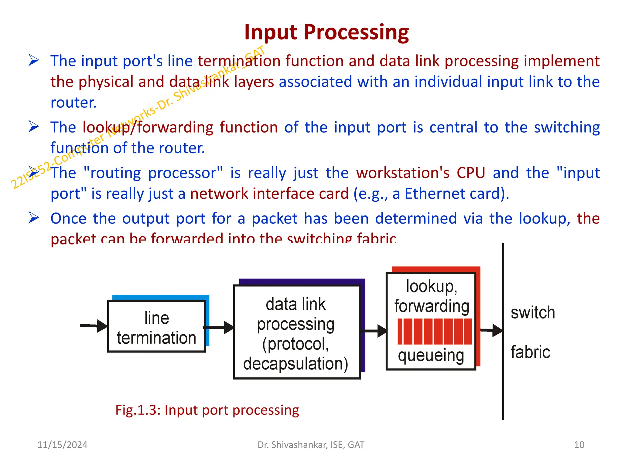 Input Processing
 The input port's line termination function and data link processing implement
the physical and data link layers associated with an individual input link to the
router.
 The lookup/forwarding function of the input port is central to the switching
function of the router.
 The "routing processor" is really just the workstation's CPU and the "input
port" is really just a network interface card (e.g., a Ethernet card).
 Once the output port for a packet has been determined via the lookup, the
packet can be forwarded into the switching fabric
11/15/2024 10
Dr. Shivashankar, ISE, GAT
Fig.1.3: Input port processing
 