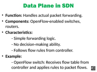 Data Plane in SDN
• Function: Handles actual packet forwarding.
• Components: OpenFlow-enabled switches,
routers.
• Characteristics:
- Simple forwarding logic.
- No decision-making ability.
- Follows flow rules from controller.
• Example:
- OpenFlow switch: Receives flow table from
controller and applies rules to packet flows.
 