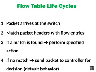 Flow Table Life Cycles
1. Packet arrives at the switch
2. Match packet headers with flow entries
3. If a match is found → perform specified
action
4. If no match → send packet to controller for
decision (default behavior)
 