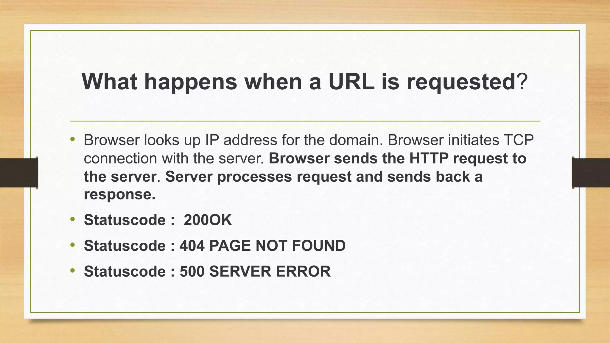 What happens when a URL is requested?
• Browser looks up IP address for the domain. Browser initiates TCP
connection with the server. Browser sends the HTTP request to
the server. Server processes request and sends back a
response.
• Statuscode : 200OK
• Statuscode : 404 PAGE NOT FOUND
• Statuscode : 500 SERVER ERROR
 
