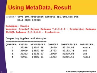 JDBC28 www.corewebprogramming.com
Using MetaData, Result
Prompt> java cwp.FruitTest dbhost1.apl.jhu.edu PTE
hall xxxx oracle
Database: Oracle
Version: Oracle7 Server Release 7.2.3.0.0 – Production Release
PL/SQL Release 2.2.3.0.0 - Production
Comparing Apples and Oranges
============================
QUARTER APPLES APPLESALES ORANGES ORANGESALES TOPSELLER
1 32248 $3547.28 18459 $3138.03 Maria
2 35009 $3850.99 18722 $3182.74 Bob
3 39393 $4333.23 18999 $3229.83 Joe
4 42001 $4620.11 19333 $3286.61 Maria
 