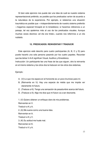 Si bien este ejercicio nos puede dar una idea de cuál es nuestro sistema
representacional preferido, es posible que los predicados varíen de acuerdo a
la naturaleza de la experiencia. Por ejemplo, si relatamos una situación
traumática es posible que —independientemente de nuestro sistema preferido
—hagamos especial hincapié en lo kinestésico; si hacemos referencia a un
paisaje, tal vez apelemos más al uso de los predicados visuales. Aunque
muchas veces decimos «el día era triste», cuando nos referirnos a un día
nublado.


                12. PREDICADOS: REINVENTAR Y TRADUCIR


   Este ejercicio está descrito para cuatro participantes (A, B, C y D) pero
puede hacerlo una sola persona pasando por los cuatro papeles. Recordar
que las letras V-A-K significan Visual, Auditivo y Kinestésico.
Instrucción: Un participante lee una frase de las que siguen, otro la reinventa
en el mismo sistema y los otros dos la traducen en los otros dos sistemas.


Ejemplo:


   A. (V) Lo que me espera en el horizonte es un poco brumoso para mí.
   B. (Reinventa en V): Hay una especie de niebla que me impide ver
       claramente mi futuro.
   C. (Traduce a K): Tengo una sensación de pesadumbre acerca del futuro.
   D. (Traduce a A): Algo me dice que mi futuro va a ser disonante.


   1. (V) Quiero obtener un enfoque claro de mis problemas.
   Reinventar en V.
   Traducir a K y A.
   2. (A) Me suena corno una buena idea.
   Reinventar en A.
   Traducir a K y V.
   3. (K) Su actitud me huele mal.
   Reinventar en K.
   Traducir a V y A.

                                                                             13
 