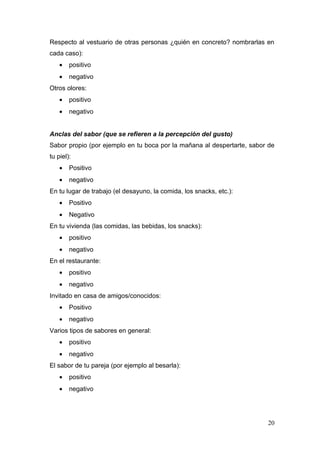 Respecto al vestuario de otras personas ¿quién en concreto? nombrarlas en
cada caso):
    •   positivo
    •   negativo
Otros olores:
    •   positivo
    •   negativo


Anclas del sabor (que se refieren a la percepción del gusto)
Sabor propio (por ejemplo en tu boca por la mañana al despertarte, sabor de
tu piel):
    •   Positivo
    •   negativo
En tu lugar de trabajo (el desayuno, la comida, los snacks, etc.):
    •   Positivo
    •   Negativo
En tu vivienda (las comidas, las bebidas, los snacks):
    •   positivo
    •   negativo
En el restaurante:
    •   positivo
    •   negativo
Invitado en casa de amigos/conocidos:
    •   Positivo
    •   negativo
Varios tipos de sabores en general:
    •   positivo
    •   negativo
El sabor de tu pareja (por ejemplo al besarla):
    •   positivo
    •   negativo




                                                                        20
 
