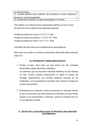 mi memoria visual.
14. Cuando aprendo nuevo material, me encuentro yo mismo actuando,
dibujando y haciendo garabatos.
15. Cuando leo en silencio, me digo cada palabra a mí mismo.

Para obtener una indicación de su aprendizaje preferido, por favor sume
los números en los cuadros de los siguientes aspectos:


Puntaje de preferencia Visual: 2 4 7 9 13 = Total
Puntaje de preferencia Auditiva: 1 6 10 12 15 = Total
Puntaje de preferencia Táctil: 3 5 8 11 14 = Total


El puntaje más alto indica que mi preferencia de aprendizaje es:

Ahora que yo sé cuál es mi estilo de aprendizaje dominante puedo aprender
mejor con:

                   36. DIFERENTES TONOS EMOCIONALES

   1. Prueba la frase: ¡Qué clase me toca ahora! con tres mensajes
      emocionales: alegre, pesimista y sarcástico.
      Las personas que nos escuchen intentarán identificar de qué mensaje
      se trata. Cuando nuestros interlocutores no capten el sentido del
      mensaje, aprenderemos qué cambios debemos introducir en las
      tonalidades y en la expresiones corporales para mejorar la eficacia de
      nuestra comunicación.


   2. Entrenémonos en descubrir el tono emocional de un mensaje mirando
      la cara de la persona que está hablando por televisión (a la que hemos
      quitado la voz previamente) o viceversa, oyendo el mensaje pero sin
      ver su expresión corporal.




     37. DETECTAR LA SECUENCIA QUE TE PROVOCA UNA EMOCIÓN
                           DETERMINADA


                                                                          45
 