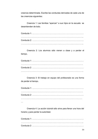 creencia determinada. Escribe las conductas derivadas de cada una de
las creencias siguientes:


      Creencia 1: Las familias “aparcan” a sus hijos en la escuela se
desentienden de todo.


Conducta 1: ……………………………………………………………………
…………………………………………………………………………………..
Conducta 2: ……………………………………………………………………
…………………………………………………………………………………..


      Creencia 2: Los alumnos sólo vienen a clase y a perder el
tiempo.


Conducta 1: ……………………………………………………………………
………………………………………………………………………………….
Conducta 2: ……………………………………………………………………
…………………………………………………………………………………..


      Creencia 3: El trabajo en equipo del profesorado es una forma
de perder el tiempo.


Conducta 1: ……………………………………………………………………
………………………………………………………………………………….
Conducta 2: ……………………………………………………………………
…………………………………………………………………………………
…


      Creencia 4: La acción tutorial sólo sirve para llenar una hora del
horario y para perder la autoridad.


Conducta 1: ……………………………………………………………………
…………………………………………………………………………………..
Conducta 2: ……………………………………………………………………

                                                                     59
 