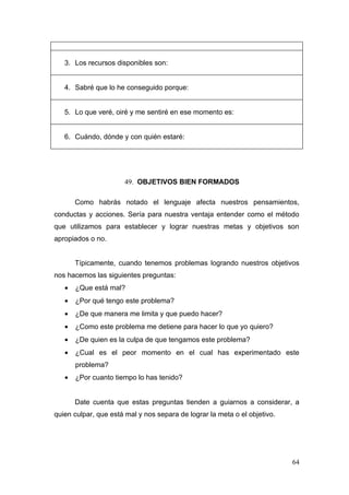 3. Los recursos disponibles son:


   4. Sabré que lo he conseguido porque:


   5. Lo que veré, oiré y me sentiré en ese momento es:


   6. Cuándo, dónde y con quién estaré:




                      49. OBJETIVOS BIEN FORMADOS

       Como habrás notado el lenguaje afecta nuestros pensamientos,
conductas y acciones. Sería para nuestra ventaja entender como el método
que utilizamos para establecer y lograr nuestras metas y objetivos son
apropiados o no.


       Típicamente, cuando tenemos problemas logrando nuestros objetivos
nos hacemos las siguientes preguntas:
   •   ¿Que está mal?
   •   ¿Por qué tengo este problema?
   •   ¿De que manera me limita y que puedo hacer?
   •   ¿Como este problema me detiene para hacer lo que yo quiero?
   •   ¿De quien es la culpa de que tengamos este problema?
   •   ¿Cual es el peor momento en el cual has experimentado este
       problema?
   •   ¿Por cuanto tiempo lo has tenido?


       Date cuenta que estas preguntas tienden a guiarnos a considerar, a
quien culpar, que está mal y nos separa de lograr la meta o el objetivo.




                                                                           64
 